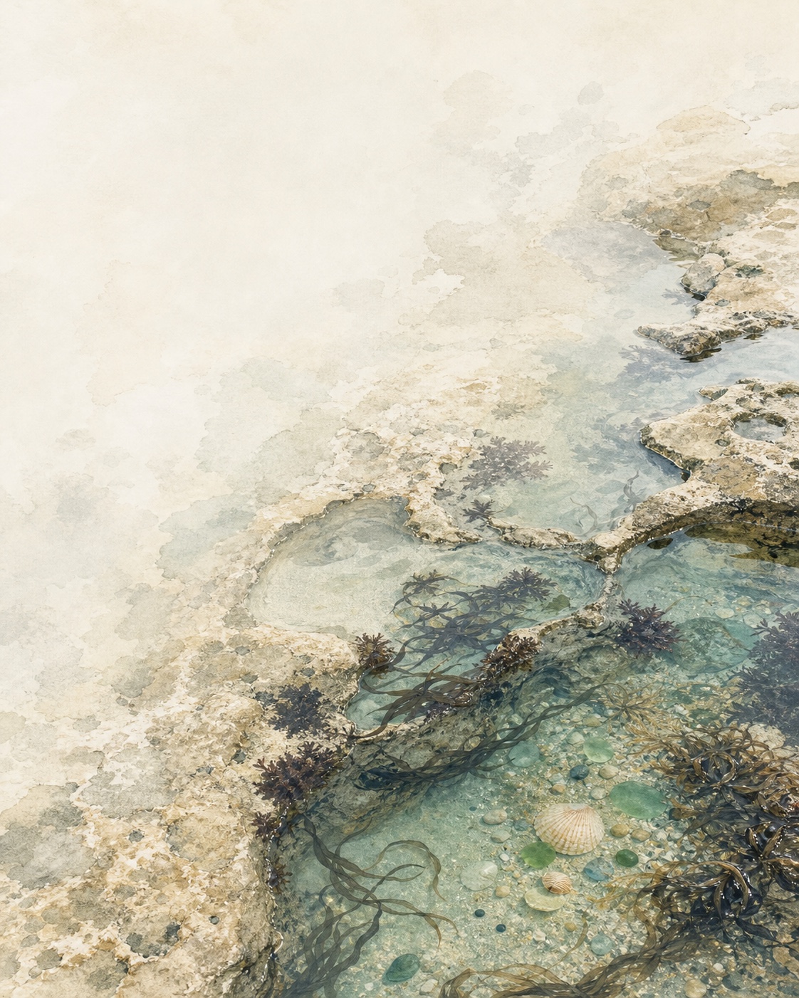 Connected tidepools on pale coastal rock with clear water, shells, kelp, and sea glass.