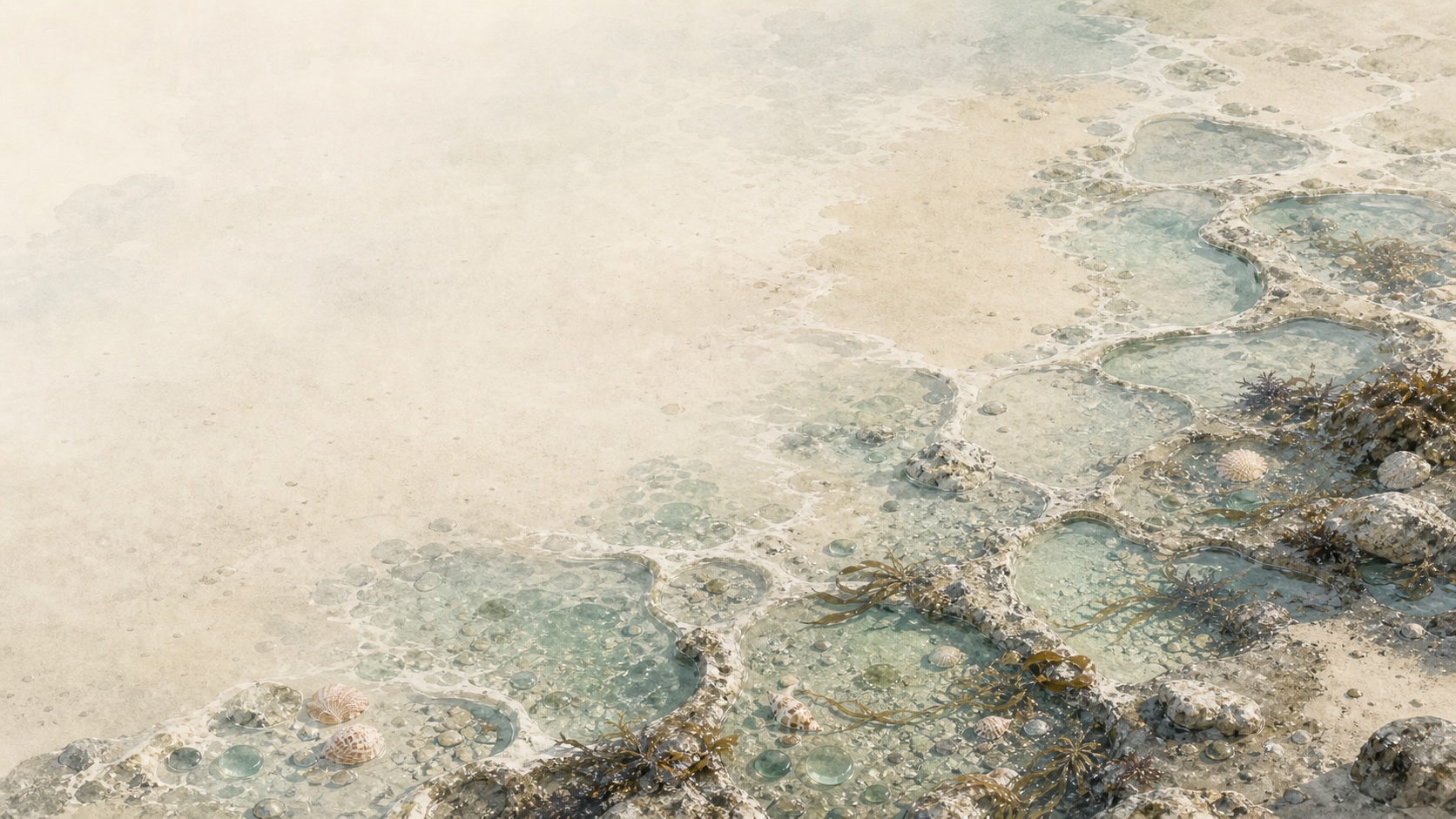 Connected coastal tidepools across pale sand with shells, sea glass, kelp, and shallow aquamarine water.