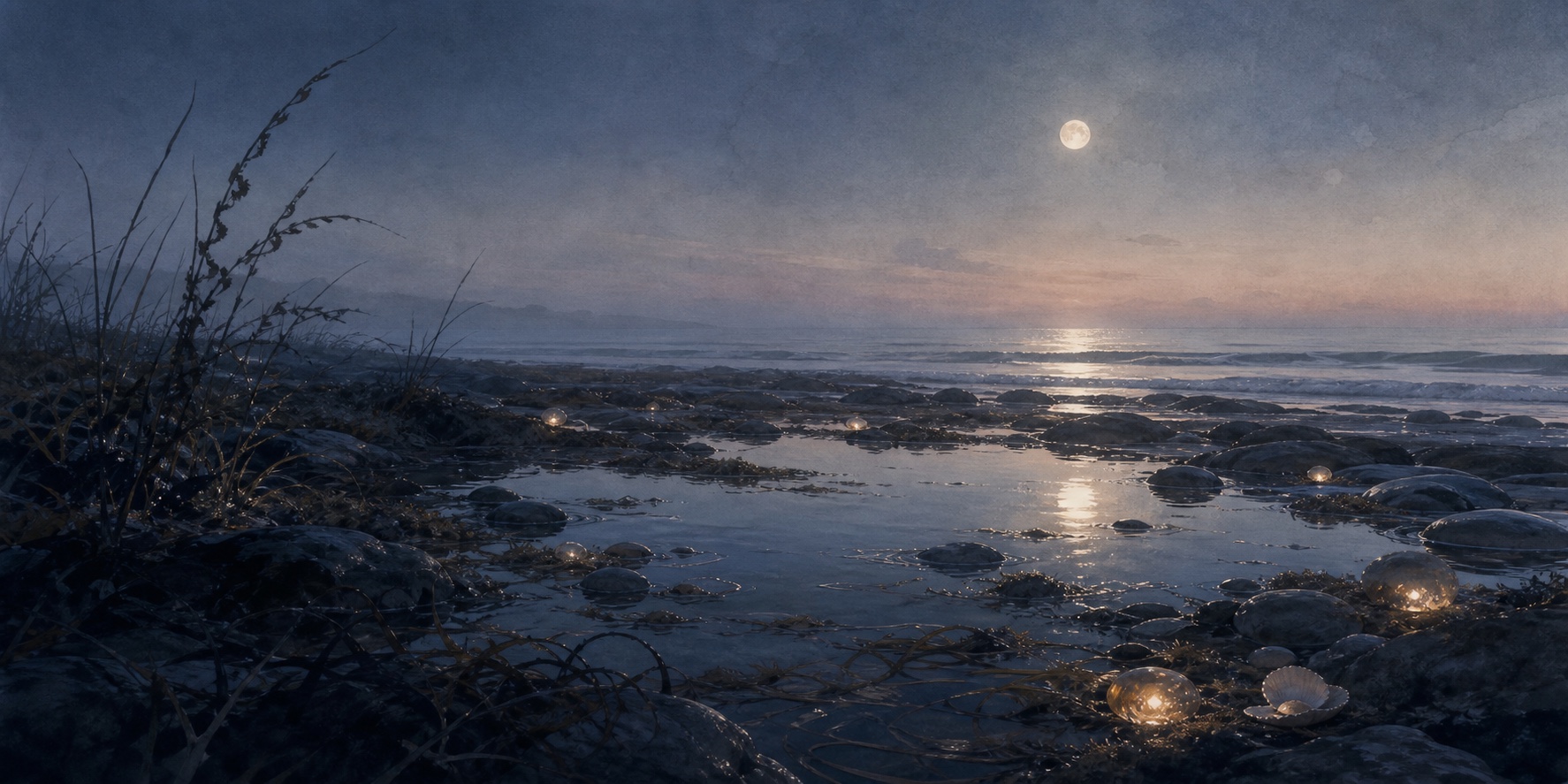 Moonlit tidepools at dusk with reflective water, smooth stones, beach grass, and warm shell lights.